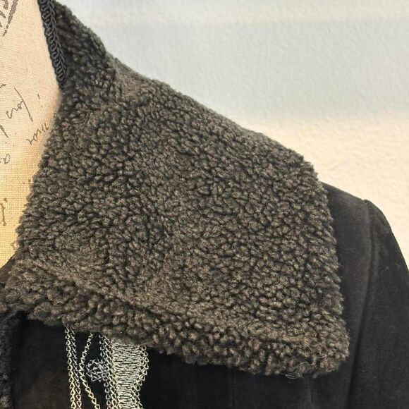 Vintage White Stag Black Leather Shearling Jacket Embroidered Western Boho Coat - Picture 4 of 7